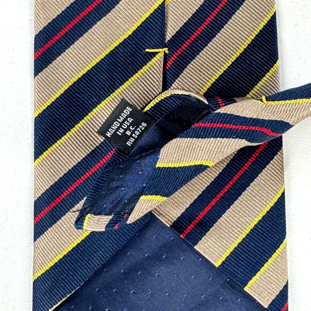 Vintage Tom James Royal Classic Silk Repp Stripe Tie Navy Tan USA Handmade - Picture 4 of 6